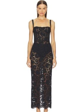 Black Lace Midi Dress with Corset Bodice and Sheer Skirt